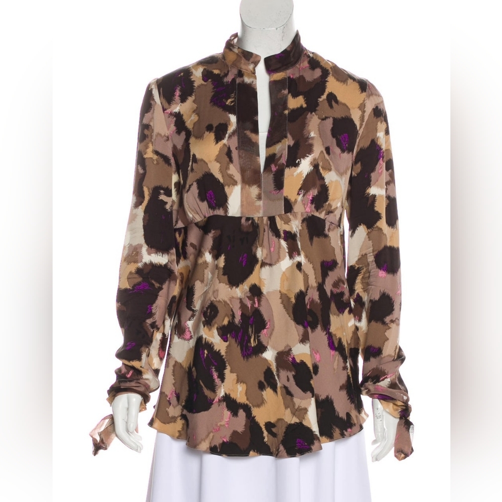 Diane Von Furstenberg Cita Silk Blouse V-neck  Long Sleeve Tan/Brown/Purple- M